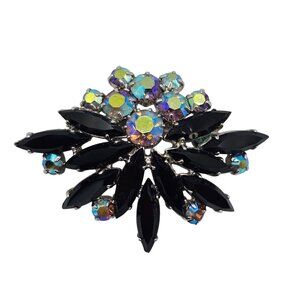 Vtg 1950s Black/AB Rhinestone Floral‎ Spray Brooch Old Hollywood Glam Gift Event